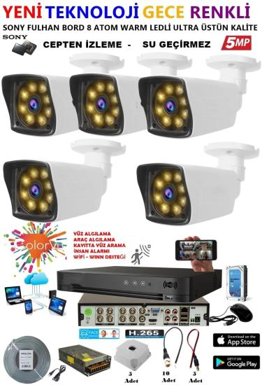 5 Kameralı 5 MP Gece Renkli Yapay Zeka Yüz ve Araç Algılamalı Olay Anı Bildirimli Kuruluma Hazır Kamera Seti