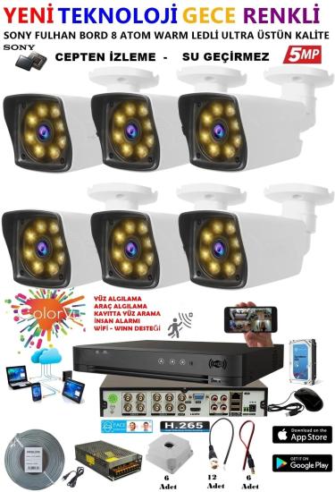 6 Kameralı 5 MP Gece Renkli Yapay Zeka Yüz ve Araç Algılamalı Olay Anı Bildirimli Kuruluma Hazır Kamera Seti